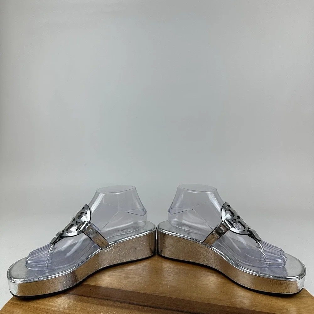 Womens Tory Burch Miller Platform Metallic Silver Leather Wedge Sandals Size 8.5 - Picture 5 of 8